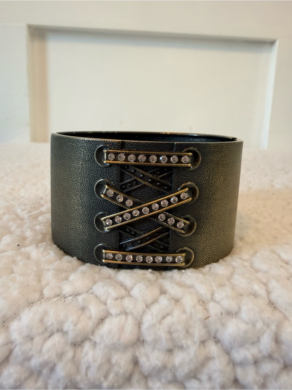 💫10/$25 • Wide Black Metal Cuff Bracelet with Crystal Lacing